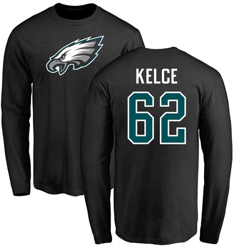 Men Philadelphia Eagles #62 Jason Kelce Black Name and Number Logo Long Sleeve NFL T Shirt->philadelphia eagles->NFL Jersey